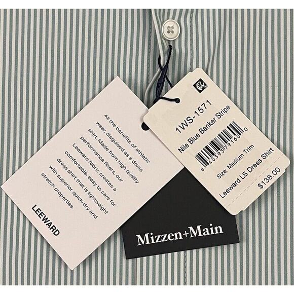 Mizzen Main Leeward Dress Shirt Mens Medium Trim Nile Blue Stripe Button Down - Picture 8 of 11